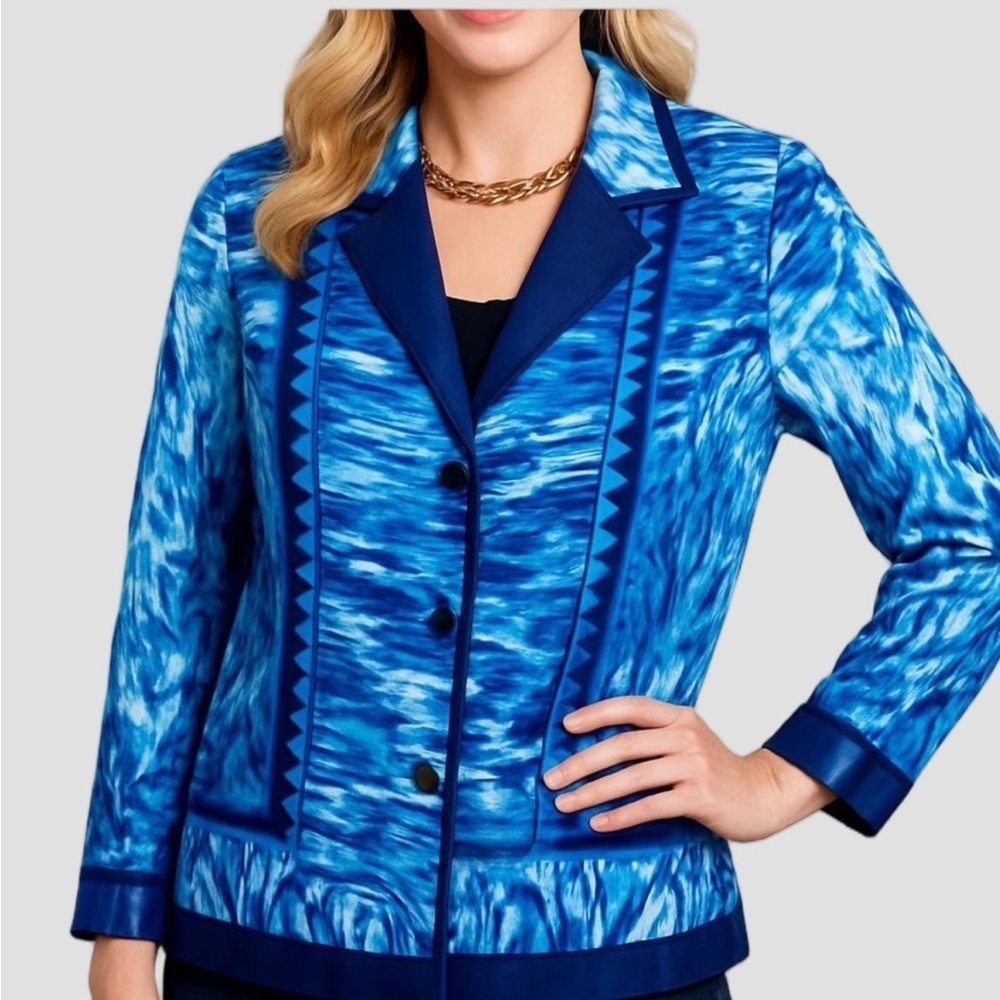 ALLISON DALEY Blue Patterned Shiny Women's Jacket Plus Size est XL